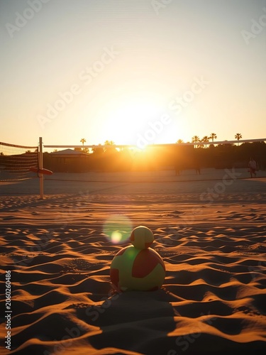 Golden hour sunlight casts warm glow on beach volleyball scene with ball at center, warm tone, sport