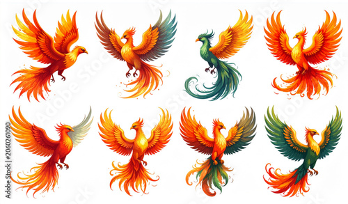 Obraz na plátně Mythical Phoenix Bird Character Set with Fiery Wings Vector Illustration Collect