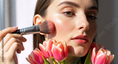 Young woman applying blush with brush holding pink tulips. Fresh spring and summer beauty. Seasonal makeup concept