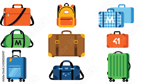Schilderij op canvas Travel luggage and baggage collection featuring suitcase, backpack, duffel bag a