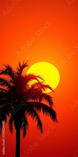 Silhouette of a lone palm tree against a vibrant orange-yellow sun, silhouette, contrast