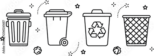 Foto Trash can and recycling bin linear outline icon set with garbage container wheel