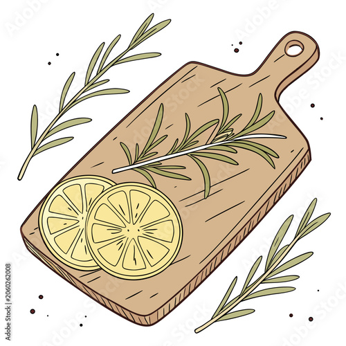 Cutting Board with Lemon Slices and Rosemary Vector Illustration