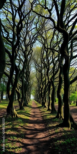 Tree-lined forest with twisted branches, eerie shadows, forest, vector