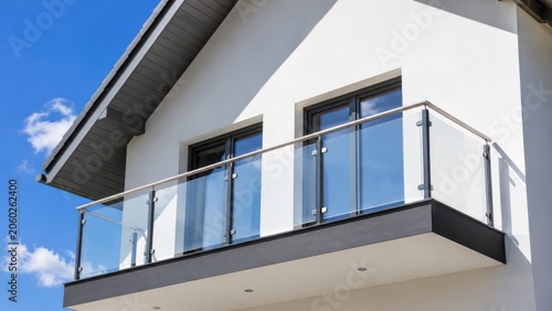 Modern house exterior showcasing a contemporary balcony with glass railing design