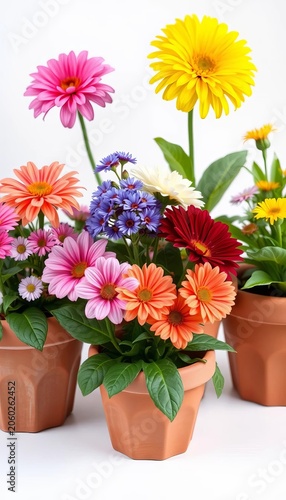 Beautiful flowers in three clay pots on a white background, serene, flowers
