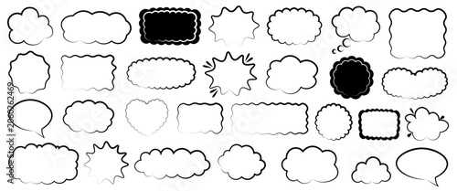 Set of Hand-drawn speech bubbles in various styles and shapes. Simple outlines define clouds, stars, and rectangles. Ideal for comic books or digital illustrations