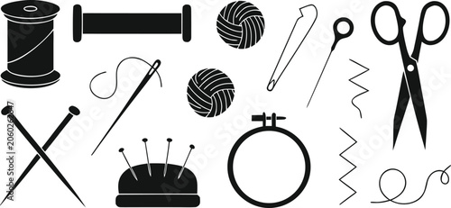 Cuadro en lienzo Set of sewing tools icons on transparent background, outline shapes of spool thr