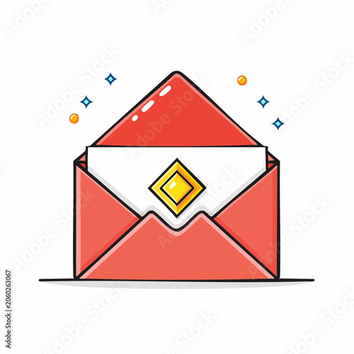 Open Red Envelope with Letter and Diamond Icon