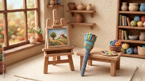 Cozy Artist Studio Interior in Whimsical 3D Clay Art Style
