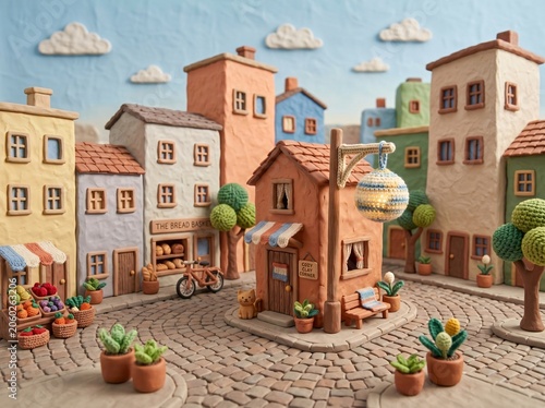 Charming Miniature Village Street in Whimsical 3D Clay Art Style