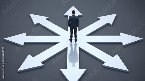 Businessman standing at a crossroads contemplating numerous potential directions for his future path