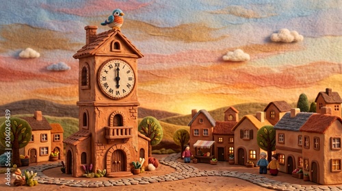 Historic Clock Tower Town Square in Whimsical Clay Art Style