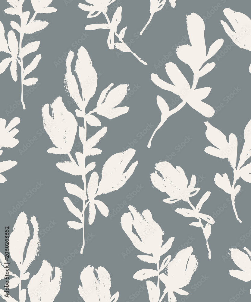 Fototapeta premium Seamless botanical pattern featuring hand drawn leaves and foliage silhouettes with textured brush details.