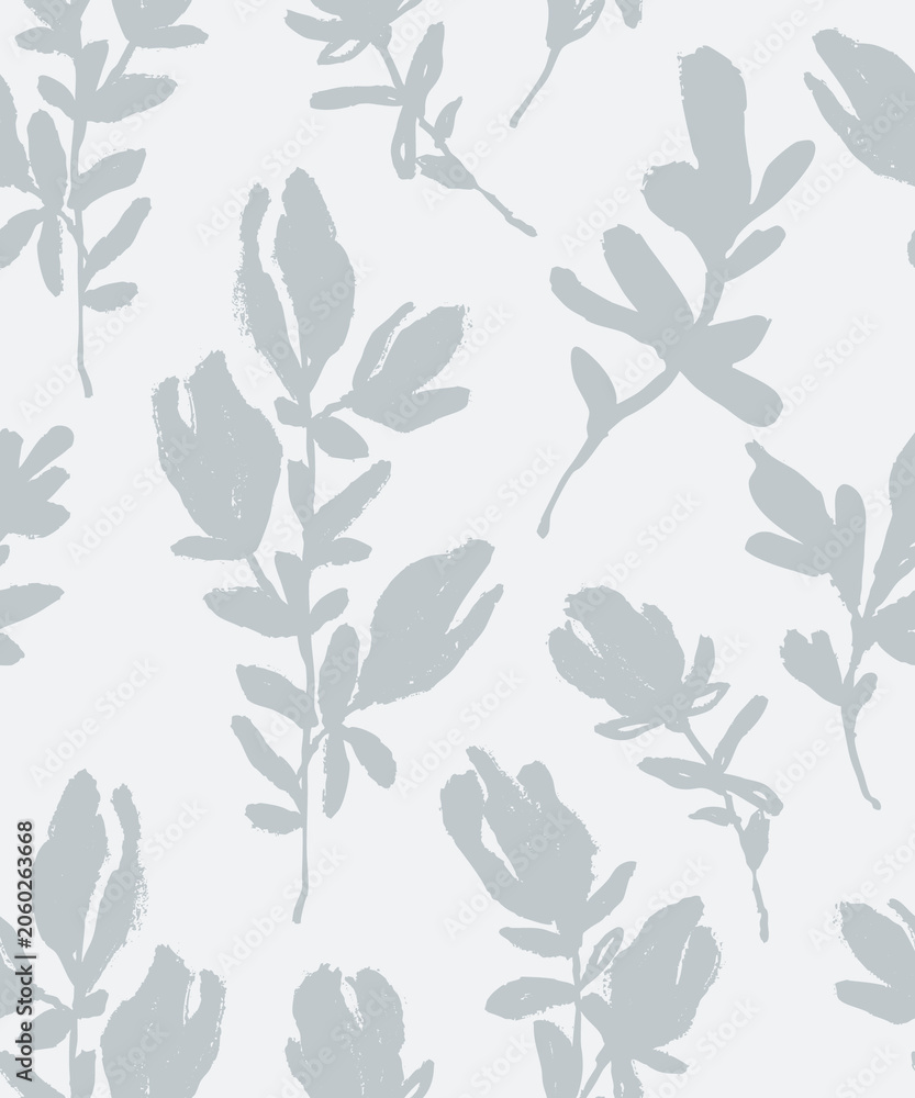 Fototapeta premium Seamless botanical pattern featuring hand drawn leaves and foliage silhouettes with textured brush details.