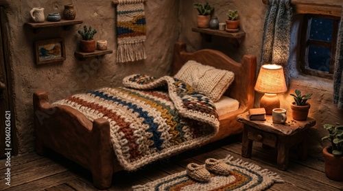 Cozy Bedroom Interior in Handmade Clay Art Style with Warm Lighting