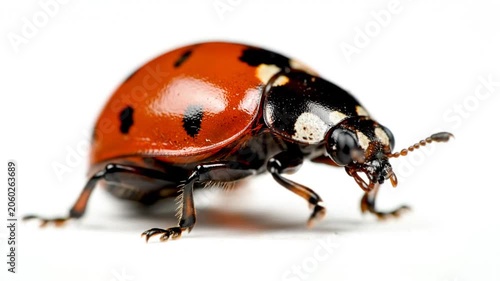Macro close-up of a vibrant red ladybug with black spots standing still on a clean white background