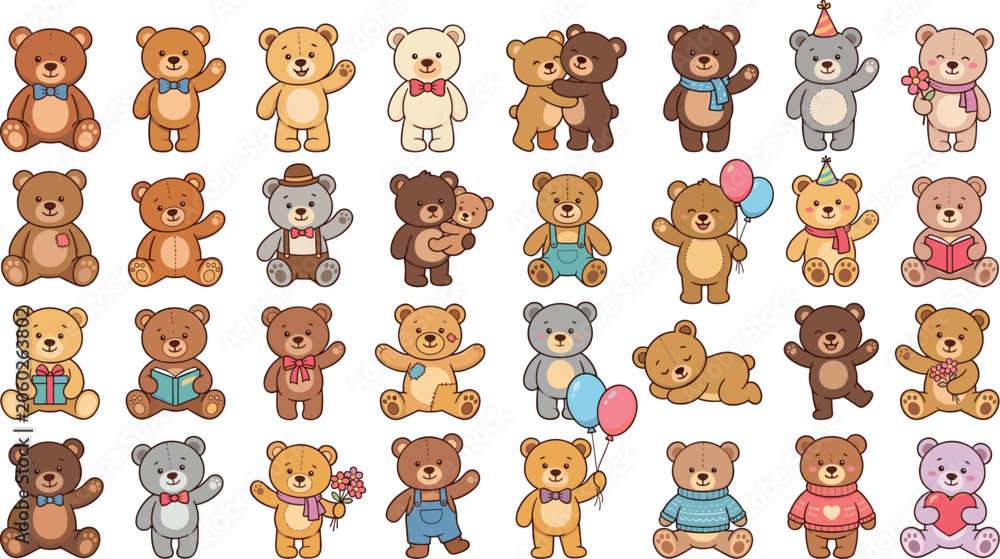 Fototapeta premium Cute Teddy Bear Character Collection Set with Adorable Cartoon Animals for Kids Nursery and Baby Design