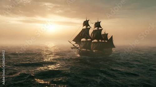 Europe medieval lifestyle. A vivid portrayal of a sailing ship in a vast ocean during sunset. The ship, with its tall masts and numerous sails, is the main subject.