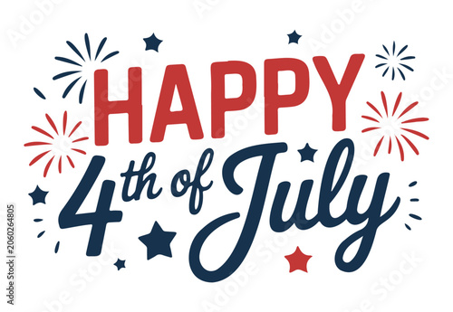 Happy 4th of July Celebration Text with Fireworks On a White background