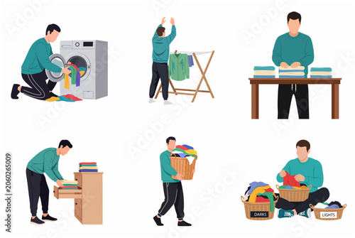 Принти на полотні Set of man doing laundry chores, flat vector illustration of guy washing, drying, folding, and sorting clothes in various steps of domestic routine
