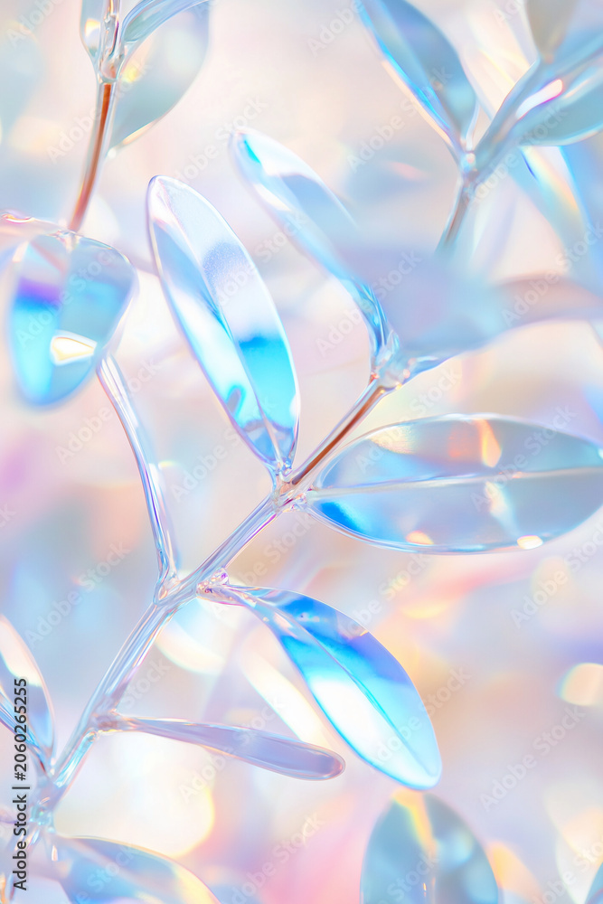 Obraz premium Iridescent glass seaweed branches with prismatic reflections. Abstract crystal plant on pastel background. Underwater concept