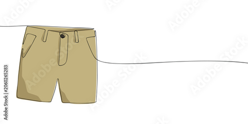 Men's casual shorts with pockets, belt loops, and button closure. Continuous one line drawing illustration isolated on a light background. Summer apparel concept for design and print.