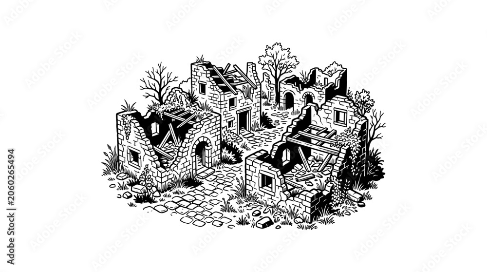 Obraz premium Ancient stone ruins of a forgotten village illustration.