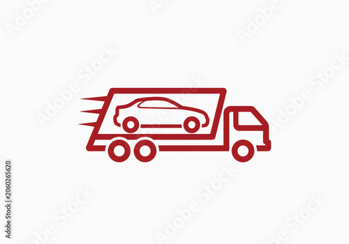 Red car carrier truck icon for vehicle transport and logistics