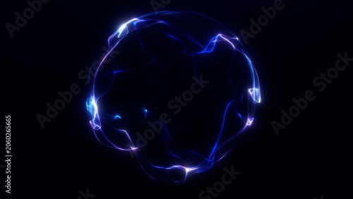 Electric blue and violet plasma ribbons form a luminous orb on a dark background, suitable for energy visualization, digital communication, science, and technology.