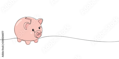 Pink piggy bank with coin slot in continuous one line style, isolated on a light background. Savings and personal finance illustration with copy space.