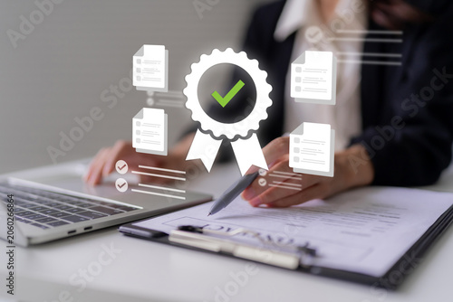 Quality assurance and certification concept with digital badge, compliance verification and document management technology