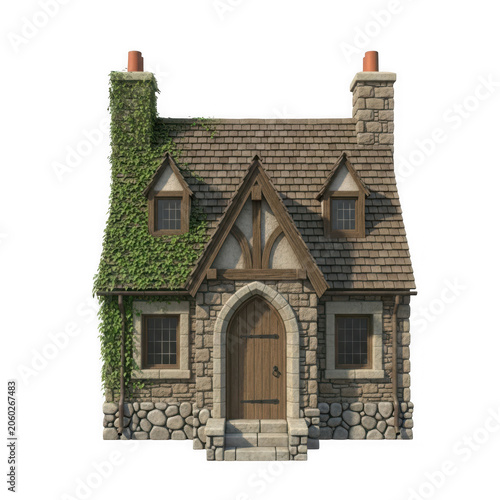 Stone cottage with ivy covered roof and wooden door