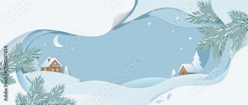 Panoramic vector banner illustration of a cozy winter landscape with soft snow drifts, evergreen pine branches, and a peaceful atmosphere perfect for holiday greetings and seasonal promotions.