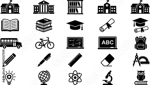 Set of education and school themed vector icons for academic learning and science study with education learning academic knowledge university graduation