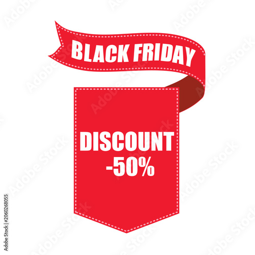 Red promotional tag with stitched edges and ribbon banner displaying Black Friday and 50 discount in bold white text.