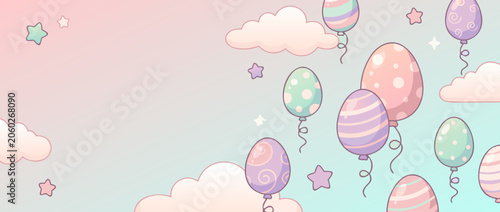 Panoramic vector banner illustration of a whimsical pastel gradient sky filled with floating Easter egg balloons, creating a dreamy and magical atmosphere for spring holiday celebrations.