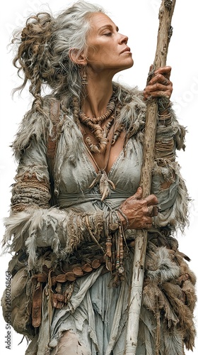 Powerful Silver-Haired Woman in Rustic Fantasy Warrior Attire