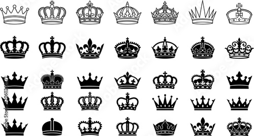 Canvastavla Set of diverse royal crown icons in silhouette style for monarchy design element