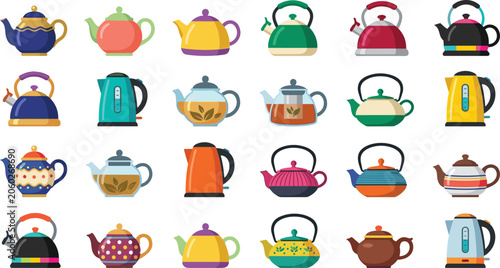 Cuadro en lienzo Colorful flat vector icon set of various teapots kettles electric boilers and gl