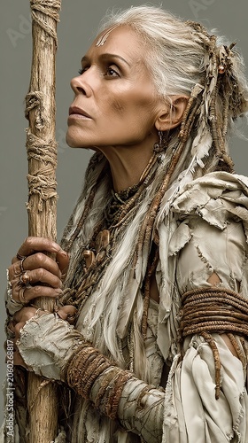Powerful Silver-Haired Woman in Rustic Fantasy Warrior Attire