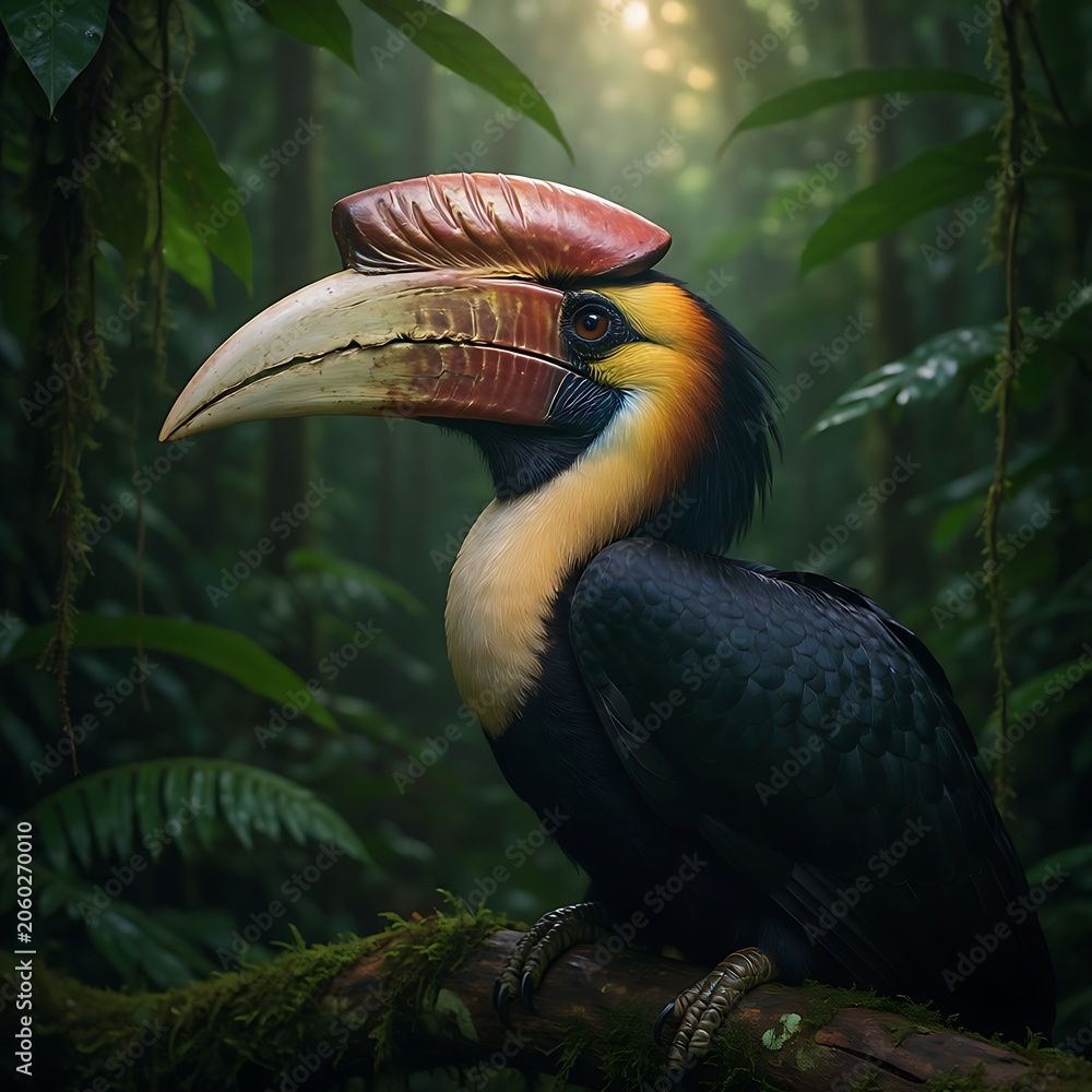 Obraz premium Majestic Wreathed Hornbill Perched on a Mossy Branch Amidst the Lush and Verdant Tropical Rainforest Canopy