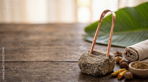 ayurvedic wellness tools, a copper tongue scraper rests elegantly on a stone stand, showcasing ayurveda