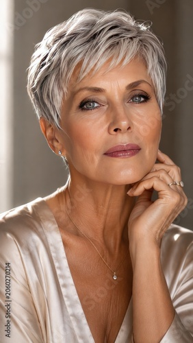 An elegant mature woman with short silver hair rests her chin on one hand in a studio portrait.