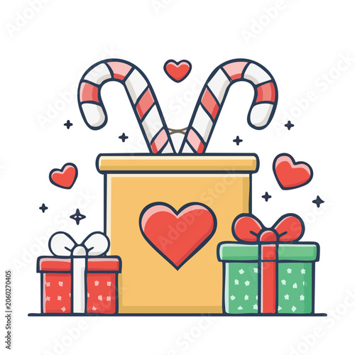 Gift box with candy canes and hearts