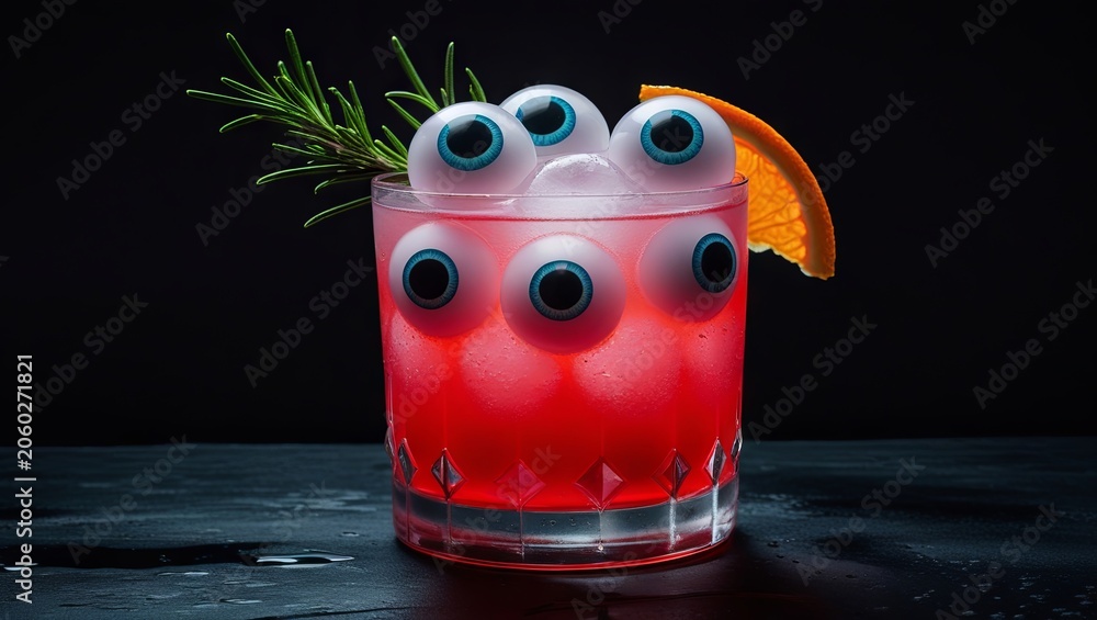 Obraz premium Red Halloween cocktail with fake eyeballs floating in it, set against a black background