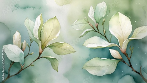 Soft watercolor background featuring magnolia leaves, creating a gentle, airy composition with natural tones and a calm, elegant botanical aesthetic.