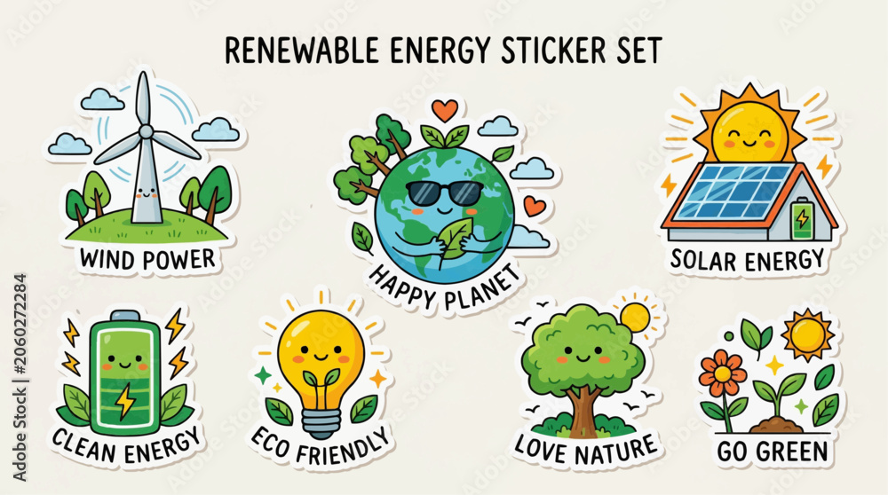 Naklejka premium Renewable energy sticker set featuring happy planet Earth, solar power system, windmill, green battery, eco light bulb and nature elements. Cartoon flat vector collection isolated