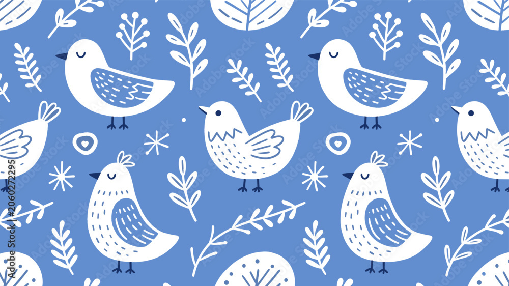 Obraz premium Seamless Folk Bird Pattern with Botanical Elements