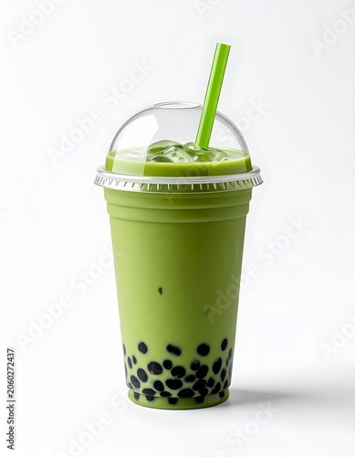 Iced matcha boba milk tea with a clear dome lid.